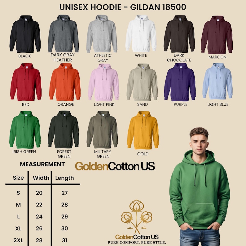 May include: A variety of unisex hoodies in various colors, including black, gray, white, red, and green. The image displays the Gildan 18500 model, with a size chart showing width and length measurements in inches. The GoldenCotton US logo is also visible.