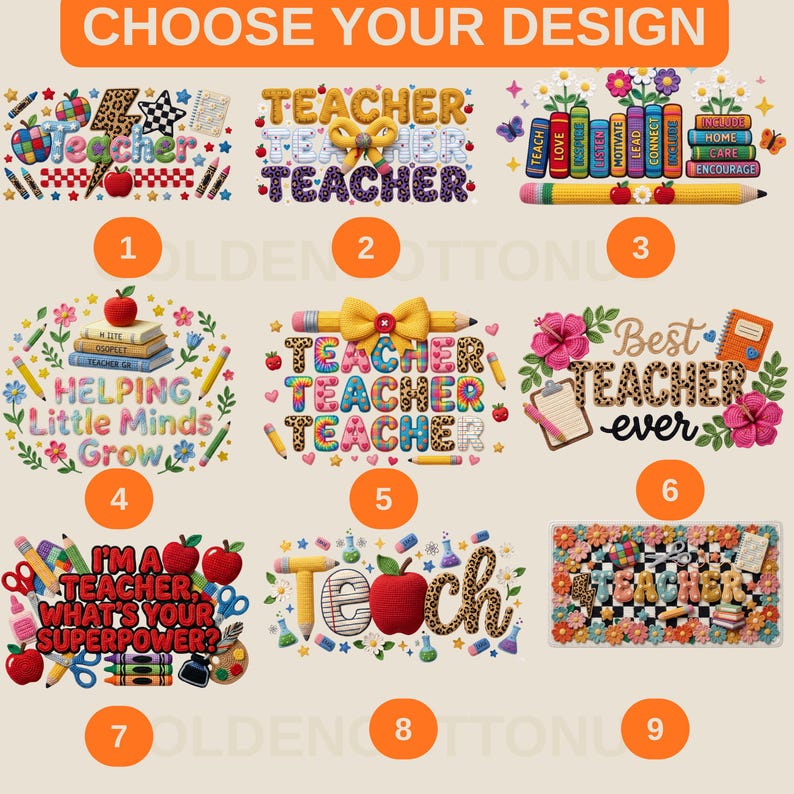 Puede incluir: Una colecci&oacute;n de nueve dise&ntilde;os gr&aacute;ficos con tem&aacute;tica de maestros, numerados del uno al nueve, que presentan ilustraciones coloridas de l&aacute;pices, libros, manzanas, flores y textos como 'Teacher', 'Helping Little Minds Grow' y 'Best Teacher Ever'.