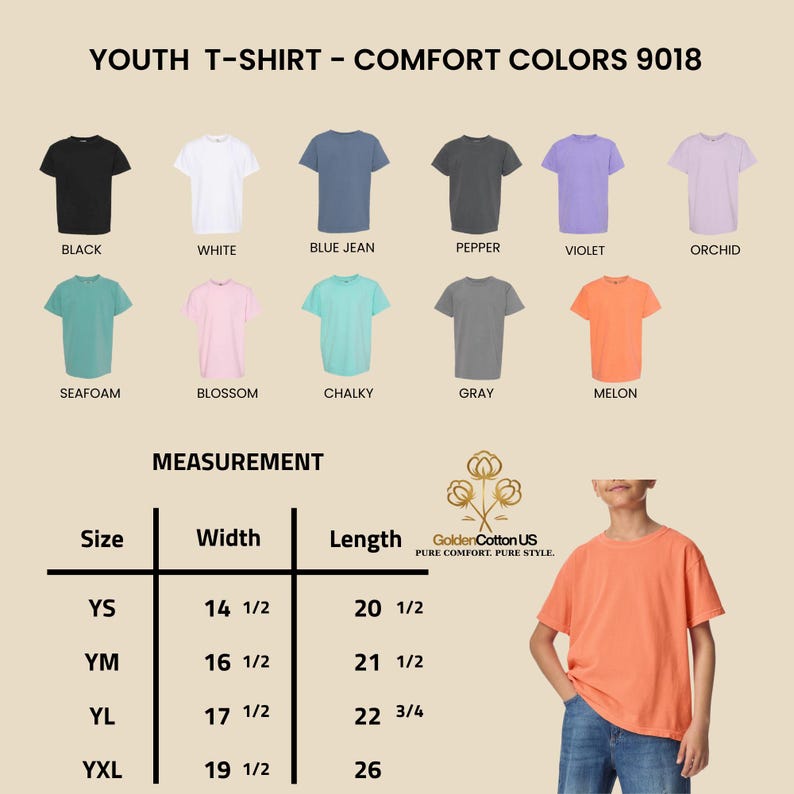 May include: A display of youth t-shirts in various colors, including black, white, blue jean, pepper, violet, orchid, seafoam, blossom, chalky, gray, and melon. Measurements are provided for sizes YS, YM, YL, and YXL.