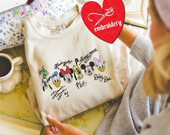 Mickey and Friends Signatures Embroidered Cewneck, Disney World Embroidery Shirt, Disneyland Shirt, Mickey & Co Disney Shirt, Disney Trip