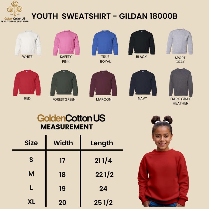 May include: A youth sweatshirt in various colors, including white, pink, blue, black, and gray. The image displays a size chart with measurements in inches and the text "YOUTH SWEATSHIRT - GILDAN 18000B". The brand name "GoldenCotton US" is also visible.