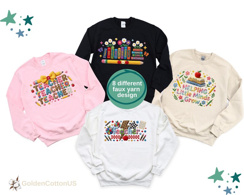 Puede incluir: Cuatro sudaderas de cuello redondo en negro, rosa claro, blanco y crema, cada una con coloridos estampados gr&aacute;ficos con tem&aacute;tica de maestros que incluyen libros, l&aacute;pices, manzanas y el texto "TEACHER", "HELPING LITTLE MINDS GROW" y "8 different faux yarn design".