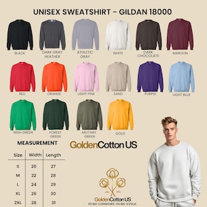 May include: A variety of Gildan 18000 unisex sweatshirts in various colors, including black, red, and gold. The image also displays a size chart with measurements in inches and the GoldenCotton US logo.