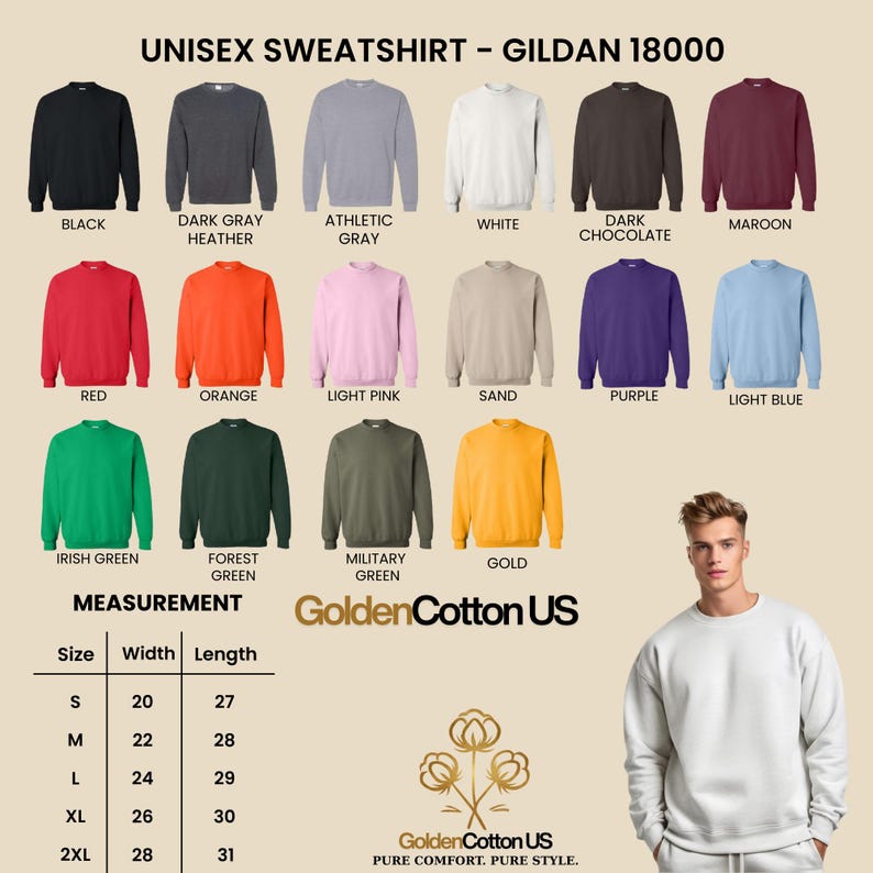 May include: A variety of Gildan 18000 unisex sweatshirts in various colors, including black, red, and gold. The image also displays a size chart with measurements in inches and the GoldenCotton US logo.