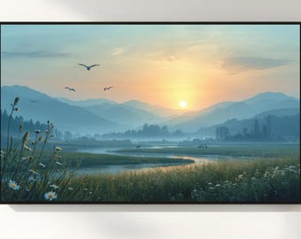 Arte de marco para TV con amanecer en las Montañas Blue Ridge / Descarga digital de paisaje natural / Arte de marco para TV 4K / Arte de pared de montaña tranquila