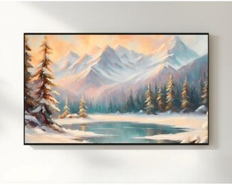 Pintura de paisaje de montaña invernal / Descarga digital de arte para marco de TV, Ilustración de bosque nevado en lago alpino, Marco para TV Samsung