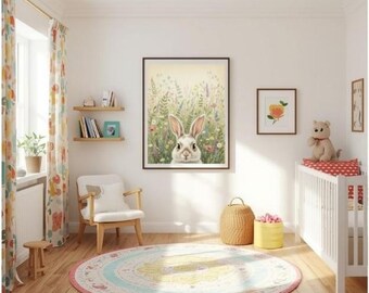 Cuadro de conejito floral para pared, estampado de conejo estilo cottagecore, decoración neutra para habitación infantil.