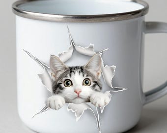 Taza esmaltada con diseño de gatos para amantes de los gatos, ideal para caravanas, camping y chocolate caliente.