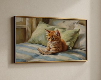 Cuadro decorativo de gato leyendo acogedor, lámina de gato a la hora de dormir, decoración cálida y acogedora para el hogar.