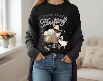 Prefiero ir de compras a tiendas de segunda mano PNG, diseño de camiseta con estética retro de segunda mano, carrito de decoración vintage, ilustración de pato, descarga digital estilo boutique