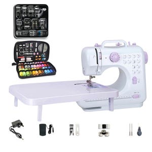 May include: A white and light purple sewing machine with an extension table, accompanied by a black case containing various sewing feet, a zippered sewing kit with colourful thread spools, a power adapter, a foot pedal, and extra needles.