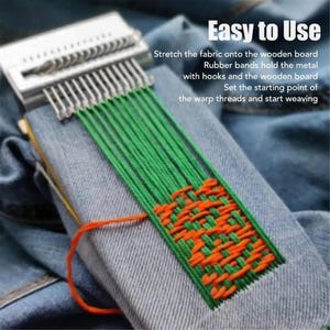 May include: A metal darning loom tool with a wooden base, featuring green warp threads and orange weft threads woven into a fabric patch. The text reads: Easy to Use. Stretch the fabric onto the wooden board. Rubber bands hold the metal with hooks and the wooden board. Set the starting point of the warp threads and start weaving.