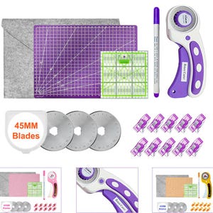 May include: A craft cutting set including a purple self-healing mat, a square quilting ruler, a purple rotary cutter with a 45mm blade, a purple marking pen, three replacement 45mm blades in a case, and ten purple sewing clips with a gray felt bag.