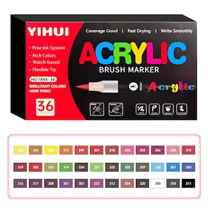 May include: A black box of Yihui acrylic brush markers with 36 colours. The box features the text "Acrylic Brush Marker" in colourful letters. Additional text includes "Free Ink System," "Rich Colours," and "Non-Toxic." A colour chart with numbered swatches is below.