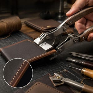 May include: A metal leather stitching tool with wooden handles is used to press a seam on a dark brown leather wallet. The tool features a spring mechanism and silver rivets. A circular inset shows a close-up of the finished white stitched edge.