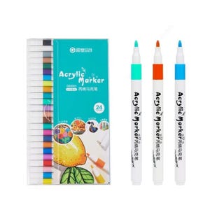May include: A set of 24 acrylic markers in a teal box, with three markers displayed separately. The markers have white barrels with colourful tips and the text "Acrylic Marker" and Chinese characters. The box features illustrations of art projects.