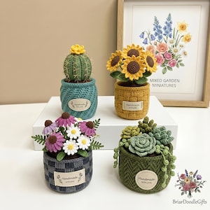May include: Four handmade crochet potted plants: a cactus, sunflowers, daisies, and succulents. Each plant is in a different colored pot, with a "Handmade with Love" label. A framed floral print is in the background.