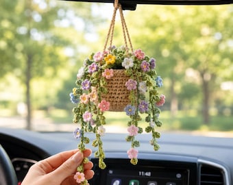 Planta colgante de ganchillo para coche, dije floral personalizado con nombre para conductor novel, bonito accesorio para el espejo retrovisor del coche, regalo hecho a mano para ella.