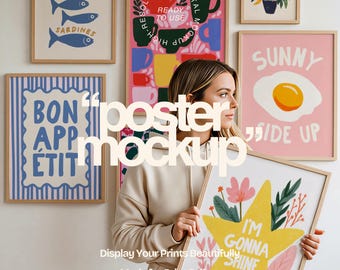 May include: A woman holds a framed print with a yellow star and the text "I'M GONNA SHINE." Other framed art includes a pink egg, blue fish, and colorful abstract designs. The image is a poster mockup, with text that reads "Display Your Prints Beautifully."