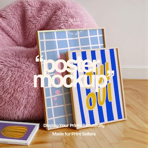 May include: Two framed posters with colorful designs lean against a pink fuzzy beanbag chair. One poster has a blue grid pattern, and the other has blue and white stripes with yellow text. The text "poster mockup" is overlaid on the image.