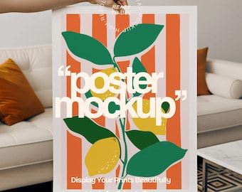 May include: A poster mockup featuring a lemon branch design with yellow lemons and green leaves against a striped orange and pink background. The poster has the text "poster mockup" and "Display Your Prints Beautifully".