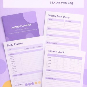 May include: A purple AuDHD planner with 42 pages, designed for sensory tracking and shutdown logs. Includes a daily planner, weekly brain dump, and sensory check pages. The planner is designed for the autistic ADHD brain.