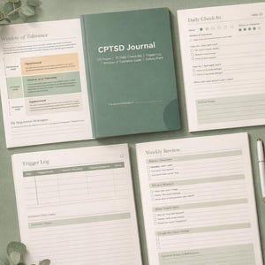 Può includere: Un diario verde CPTSD con 100 pagine, 70 controlli giornalieri, un registro dei trigger, una guida alla tolleranza e un piano di sicurezza. Il diario è aperto per visualizzare le pagine interne, tra cui un controllo giornaliero e una revisione settimanale.