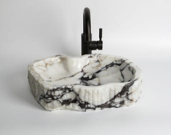 Calacatta Viola Marble Sink, Modern Bathroom Vessel Sink, Unique Shaped Natural Stone Sink, Chiseled Marble Chic Vanity Countertop Sink