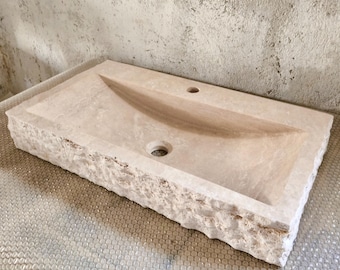 Lavabo minimalista de travertino artesanal, lavabo de encimera moderno para baño, lavabo de mármol natural para tocador, lavabo rústico.