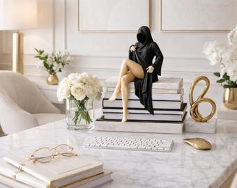 Gothic Queen Resin Statue Sitting Figure Black Robe Mystical Bookshelf Home Office Decor Sculpture