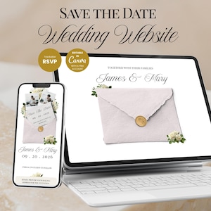 May include: A digital wedding announcement displayed on a tablet and smartphone. The announcement features the text "Save the Date" and "Wedding Website." The names "James & Mary" are prominently displayed, along with the date 09.20.2026.