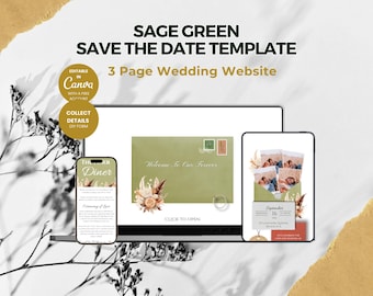 Sage Green Save the Date Website with RSVP | 3-Page Digital Wedding Invitation Template