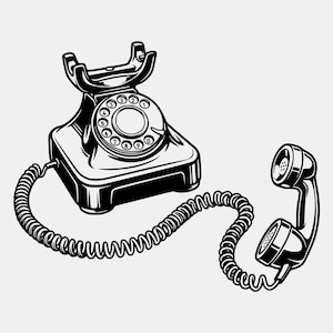 May include: Black and white illustration of a vintage rotary dial telephone. The phone has a base, a handset, and a coiled cord. The handset is off the hook, suggesting a call in progress or recently completed.