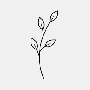 Puede incluir: Un dibujo lineal negro minimalista de un tallo de planta con cuatro hojas. Las hojas son ovaladas y están dispuestas a lo largo del tallo. El fondo es de color gris claro liso.