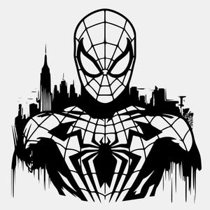 May include: Black and white illustration of Spider-Man with a cityscape backdrop. The superhero is depicted in a stylized, web-like design, with a large spider emblem on the chest. The image has a comic book or graphic novel aesthetic.