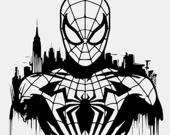 Spiderman Hero SVG / Diseño de araña superhéroe / Estilo Spiderman con horizonte urbano / Arte con plantillas de tatuajes