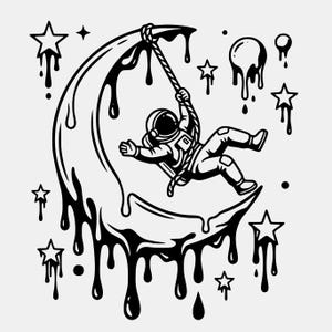 May include: Black and white illustration of an astronaut swinging from a crescent moon. The moon and stars have a dripping effect. The astronaut is wearing a spacesuit and helmet. The image has a whimsical, space-themed design.