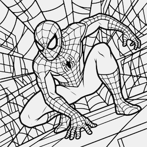 Könnte beinhalten: Schwarz-Weiß-Illustration von Spider-Man in einer hockenden Pose, umgeben von Spinnweben. Der Superheld trägt seinen charakteristischen Netzanzug mit einem Spinnenemblem auf der Brust. Das Bild ist eine Zeichnung im Comic-Stil.