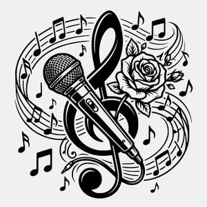 Puede incluir: Ilustración en blanco y negro que presenta un micrófono, una clave de sol, una rosa y notas musicales. El micrófono está delante de la clave, con una rosa a la derecha. Las notas musicales giran alrededor de los elementos centrales, creando un tema musical.