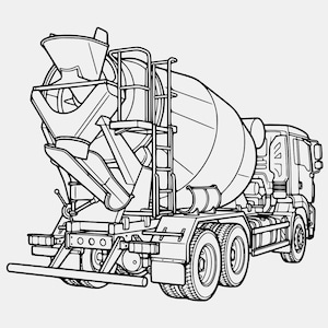 Dibujo lineal de un camión hormigonera: Vehículo de construcción técnico SVG (Descarga digital)