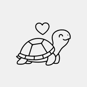 May include: A black and white line drawing of a smiling turtle with a heart above its head. The turtle has a segmented shell and visible legs and head. The heart is a simple outline.