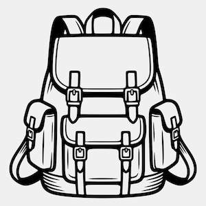 Könnte beinhalten: Schwarz-Weiß-Illustration eines Rucksacks. Der Rucksack hat einen Klappenverschluss mit zwei Schnallen, zwei Seitentaschen mit Schnallen und verstellbare Schultergurte. Ein oberer Griff ist ebenfalls sichtbar.