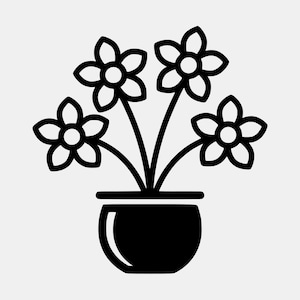 Puede incluir: Un dibujo lineal en blanco y negro de una planta en maceta con cinco flores. Las flores tienen cinco pétalos y un centro circular. La maceta es redonda con la parte superior e inferior planas. El fondo es gris claro liso.