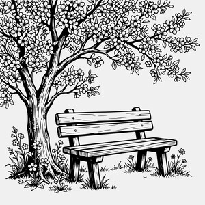 Könnte beinhalten: Schwarz-Weiß-Illustration einer Parkszene. Eine Holzbank steht unter einem blühenden Baum mit detailliertem Stamm und Ästen. Gras und Blumen umgeben die Bank und schaffen eine friedliche Umgebung im Freien.