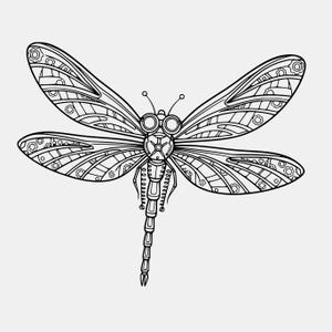 May include: Black and white illustration of a dragonfly with a steampunk design. The dragonfly's wings are detailed with lines and gears. The body features mechanical elements, including goggles and gears, creating a unique, artistic representation.