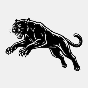 May include: A black panther illustration in a leaping pose, with sharp claws and an open mouth, showcasing its teeth. The design is a bold, graphic representation, perfect for apparel or sports team logos.