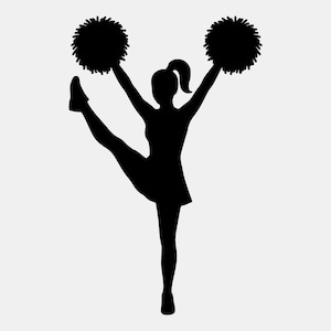 May include: A black silhouette of a cheerleader in a dynamic pose. She is holding two pom-poms above her head, with one leg extended upwards. The cheerleader is wearing a dress and has her hair in a ponytail.