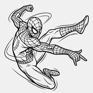 May include: Black and white illustration of Spider-Man in a dynamic pose. The superhero is depicted mid-action, with one arm raised and the other pointing forward. His costume features a webbed design.
