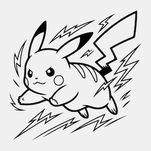 May include: Black and white illustration of Pikachu, a popular character. Pikachu is depicted mid-action, surrounded by stylized lightning bolts. The character has a cheerful expression and is in a dynamic pose.