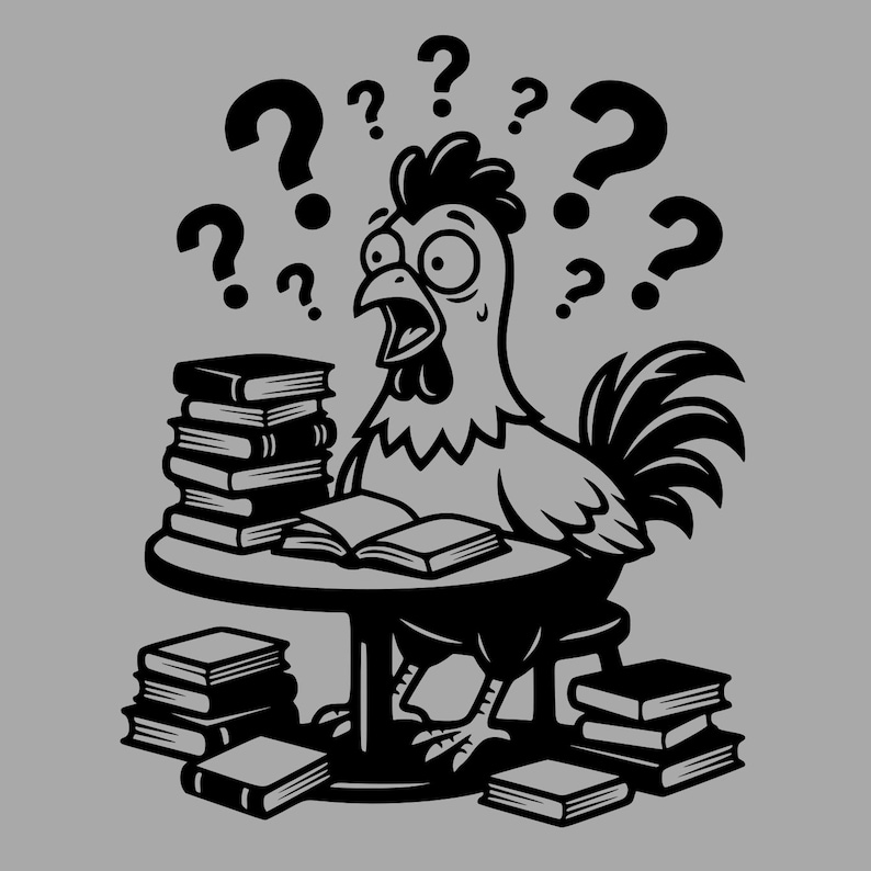 Confused Cartoon Chicken Studying in Library, Question Mark Clipart ...